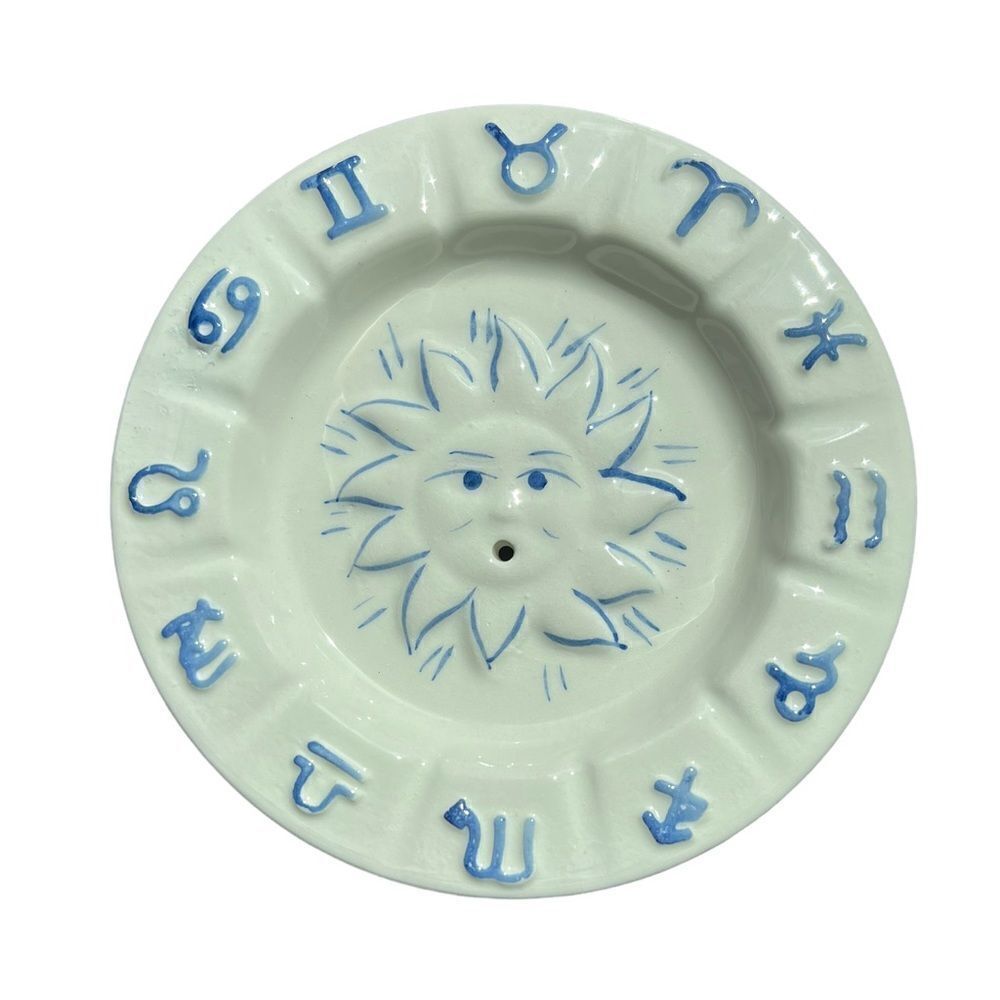 Ceramic Zodiac Sun White and Blue Incense Holder